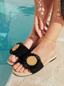 Styleloop Glamorous Glittery Butterfly Woven Slip-On Slippers, Casual Vacation Sandals - Black - View 4