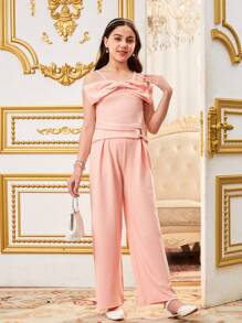 2pcs Tween Girl Casual Cute Bow Decor Camisole Top And Wide Leg Pants Set, Suitable For Commuting And Shopping - Pink - View 4