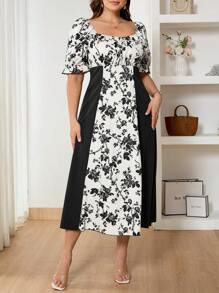 SHEIN Frenchy Plus Size Boho Elegant Romantic Minimalist Black & White Floral Print Color Block Modest Midi Dress, Suitable For Valentine's Day, Vacation, Women Midi Dress, For Summer