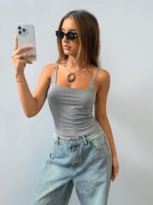 SHEIN Essnce 女士灰色百搭百搭方领细肩带吊带背心，春夏 - 深灰色 - 查看 4