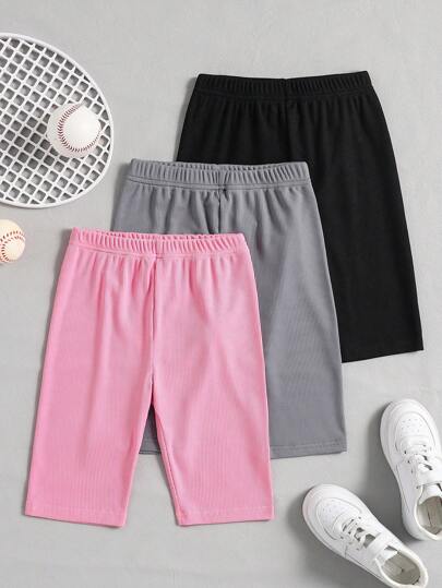 SHEIN 3pcs/Pack Tween Girls' Solid Color Elastic Waist Short Casual Leggings Pants Kids Girls, School, Campus, College