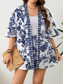SHEIN LUNE 2 Stücke/Set Damen Große Größen Blau und Weiß Porzellan Muster Zwei-Teiler Set Blume Muster Schulterfreie Bluse und Shorts, Urlaubsoutfit Boho Kimono & Shorts Zwei-Teiler Set im Boho-Stil 2 Teiliges Set Damen Urlaubsoutfits Frauen 90er Jahre Kleidung Sommeroutfits, Urlaubslook Zwei-Teiler Set Damen Urlaubsoutfits Modische Damen Alltagskleidung