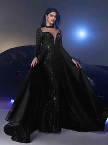 Glamrae Elegant Luxury Sequin Satin Splice Sheer Rhinestone Long Sleeve Fishtail Maxi Dress, Formal Gown, Wedding Guest Dress, Party Dress, Evening Dress - Black - View 3