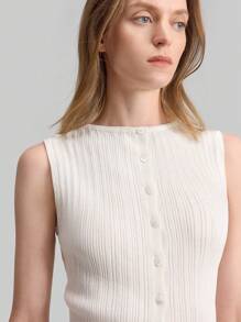 Ontre High Quality Women Knitted Vest Top, Ribbed Texture, Sleeveless Boat Neck Design, Shell Buttons, Casual Urban Style Spring Apparel - Apricot - View 7