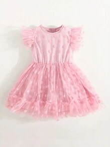SHEIN 1 Pc Little Girls Round Neck Cap Sleeve Polka Dot Mesh Dress - Pink - View 4