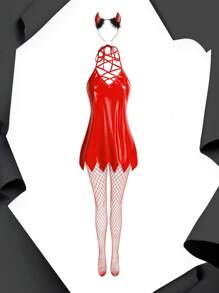 Fantasy Costume 4 件套音乐节派对魔鬼服装角色扮演肩带闪亮毛绒毛茸茸乐队性感女士服装，红色，狂欢 - 紅色 - 查看 7