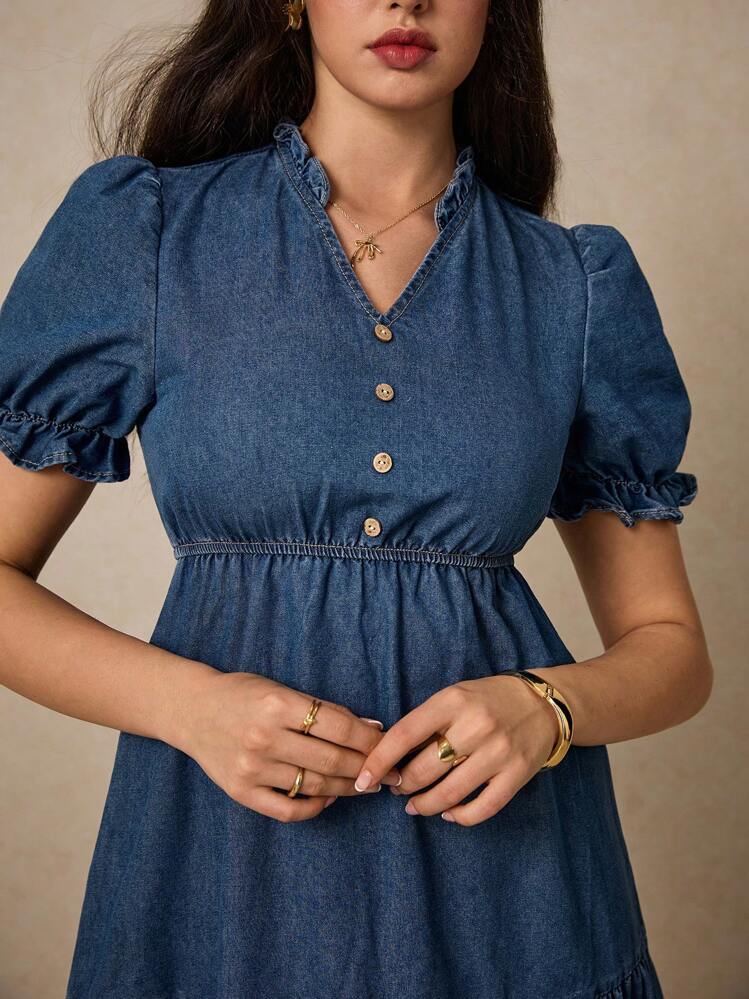 SHEIN Frenchy Women's Blue Denim Short Sleeve Dress With Ruffle Trimmed Small V-Neckline And Umbrella Dress - Medium Wash - View 5