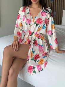 DAZY Vacation Style V-Neck Short Women Robe Pajama - White - View 4