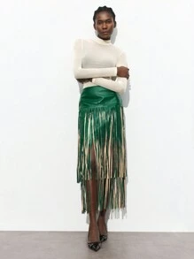 Maija 女士绿色 PU 纯色流苏边百搭现代派对高腰多层流苏裙，适合所有季节