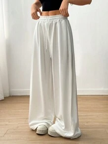 SHEIN EZwear 女士纯色抽绳腰阔腿休闲运动裤 - 白色 - 查看 4