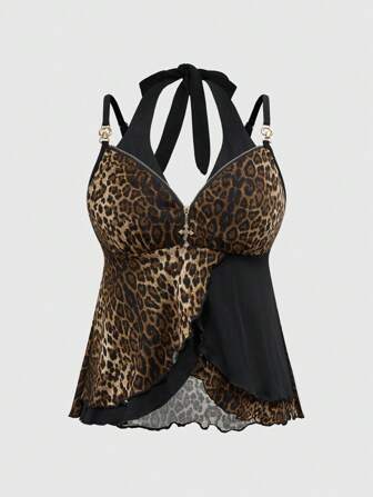 J-Fashion Parte superior de tirantes asimétrica de estampado de leopardo 2 en 1 para el verano, con colgante de cruz metálica, para un estilo grunge, punk, Y2K y gyaru para tallas grandes