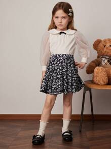 PrepCrw Young Girls Black Bowknot Printed Loose Elastic Waist A-Line Mid-Length Skirt, Spring/Summer - Multicolor - View 4