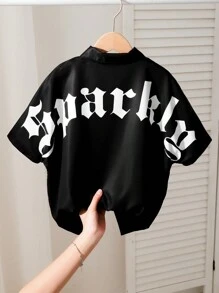 SHEIN Boys' Oversized Black Collared Shirt With Letter Print Design On Back