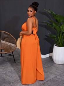 Slaydiva Summer&Beach Plus Size Women Casual & Holiday & Cute Solid Orange Sleeveless Loose Bowknot Wide Leg Pants Plus Size Jumpsuit Women Plus Size Women Clothes Women Clothing Jumpsuit Casual Jumpsuit Plus Size Women Clothes - Orange - View 2