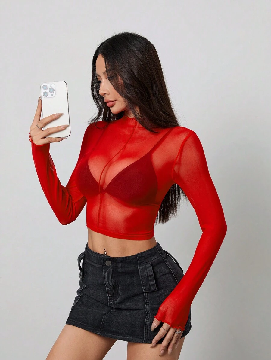 SHEIN PETITE Blusa blanca transparente con cuello de tortuga y recorte de lechuga