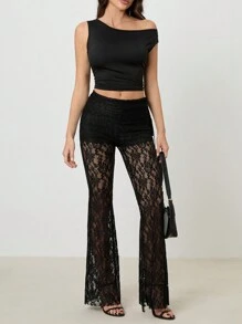 SHEIN Tall Women's Retro Side Drawstring Street Fashion Slim Fit Lace Flared Pants