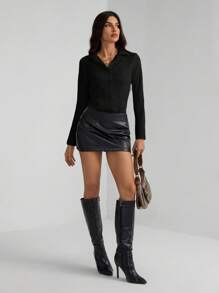 SHEIN Tall Solid Long Sleeves Button Front Shirt Bodysuit - Black - View 4