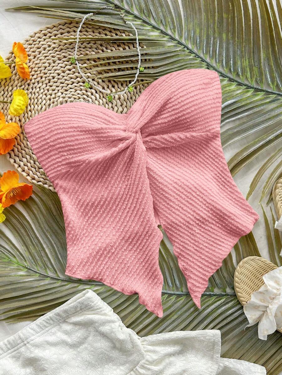 SHEIN PETITE 度假女士杏色针织纹理抹胸搭配扭曲不对称下摆背心 - 粉色 - 查看 1