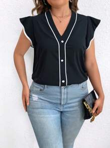 SHEIN Unity 大码女式黑白 V 领休闲短袖衬衫，夏季