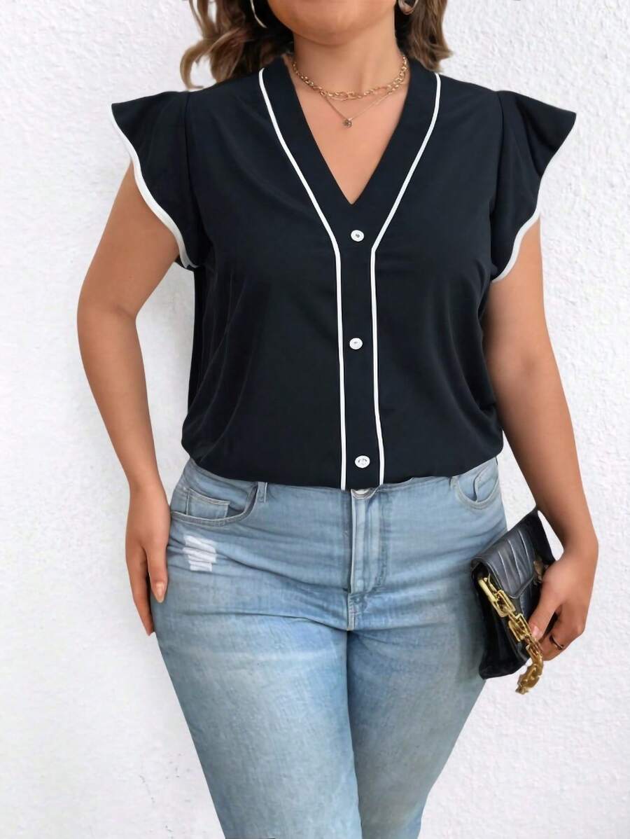 SHEIN Unity 大码女式黑白 V 领休闲短袖衬衫，夏季