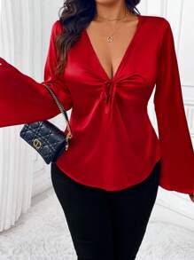 Celure Plus Size Women Elegant Commuter Blouse, Waist Cinched Slimming, Indirect Prim, Front Gathered V-Neck Bodycon Glossy Satin Red Flare Sleeve Shirt, Suitable For Valentine's Day, Dates, Gatherings, Business Meetings, Daily Work, Commute, Wedding Attendance, Etc.