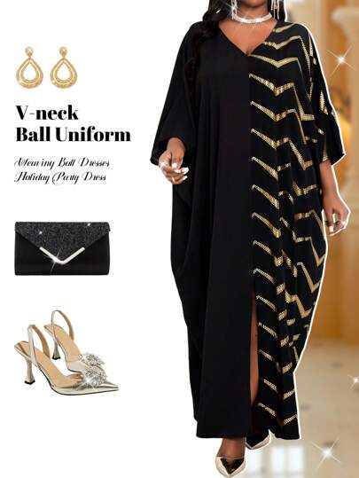 Fleurora Autumn And Winter Casual Elegant Boho Commuting Colorful Woven Metallic V Neck Ball Gown Split Long Three Quarter Length Sleeve Plus Size Dresses Winter Clothes For Women Winter Dress Holiday Party Dress Winter Clothes Winter Outfit Fall Women Outfits Fall Clothes Curve Classy Outfits Elegant Women Dresses Fall Women Outfits