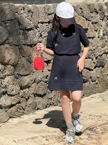 Dazy Kids 2pcs/Set Tween Girls Butterfly Print Drop Shoulder Short Sleeve Top And Mini Skirt Set - Navy Blue - View 3