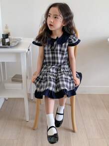 DAZY Young Girls' Plaid Bow Decor Ruffled Hem Cute Dress - Navy Blue - View 5