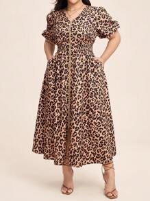 Comfylo Vestidos de verão plus size femininos com estampa de leopardo e manga bufante - Multicolorido - Ver 6