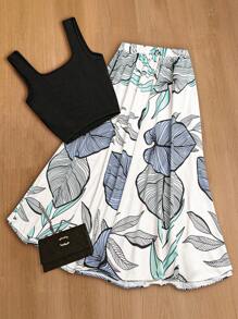 SHEIN LUNE 大码女式夏季方领无袖弹力针织背心和高腰开衩叶子印花 A 字型长裙 2 件套，可与其他上衣或下装单独穿着，适合海滩度假、郊游、休闲约会、工作通勤、返校等。 - 彩色 - 查看 2