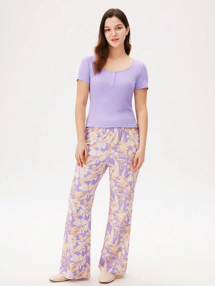 Conjunto de pijama holgado de camiseta tipo henley de algodón suave color púrpura y pantalones estampados para mujer, lencería como ropa exterior, primavera y verano