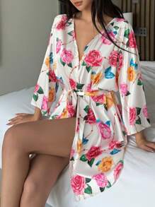 DAZY Vacation Style V-Neck Short Women Robe Pajama - White - View 1
