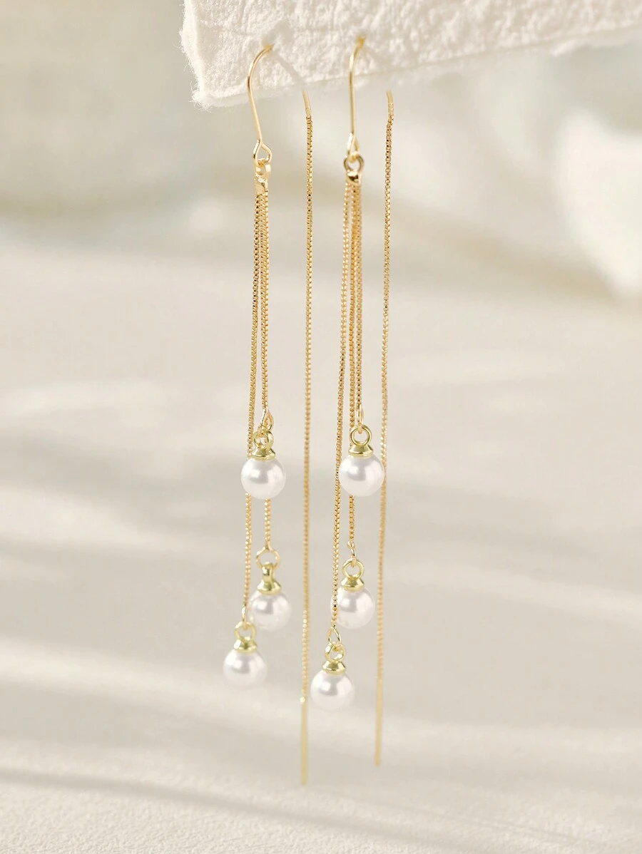 仿珍珠装饰穿线耳环 圣诞节 冬季圣诞礼物 - 彩色 - 查看 1