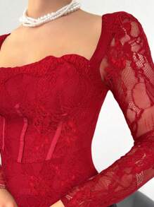 Aloruh Women's New Autumn/Winter Party Date Night Sexy S-Shaped Lace Long Sleeve Bra Cup Fishbone Square Neck Bodycon Dress, Black,Summer Dresses For Women - Burgundy - View 6