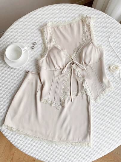 Comfortcana 女士休闲纯色蕾丝花边吊带背心和迷你裙 2 件套