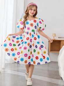 SHEIN Leap Crew Tween Girls Loose Casual Cute Printed Square Neck Puff Sleeve A-Line Dress - Multicolor - View 4