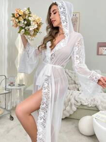 Women's French Romantic Heart Pattern Lace And Mesh Patchwork Flare Sleeve Hooded Robe - White - View 4
