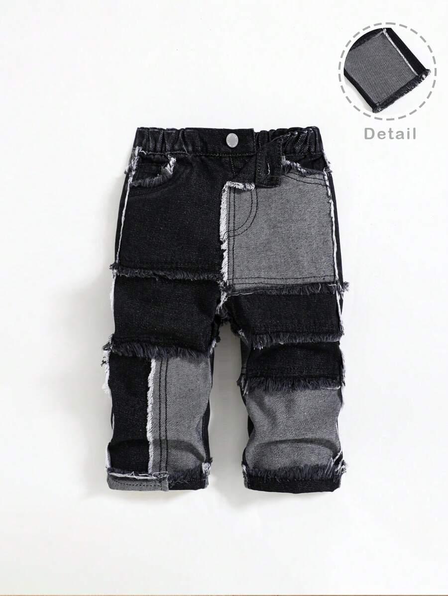 SHEIN Baby Jungen Modische gewaschen Patchwork rohe Kanten locker geschnittene gerade geschnittene schwarze Jeans Hose, für Kinder Streetwear Outfits und Frühlings-/Sommer-Kleidung