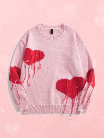 Street Life Men's Casual Heart Pattern Pullover Knit Sweater, Suitable For Valentine's Day