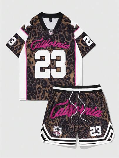 Prep 2pcs Men's Leopard Printed Basketball Jersey And Shorts Set, Casual And Simple For Everyday Wear