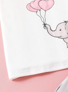 Spring/Summer Casual Cartoon Elephant Print Round Neck Short Sleeve T-Shirt And Shorts Set - Multicolor - View 3
