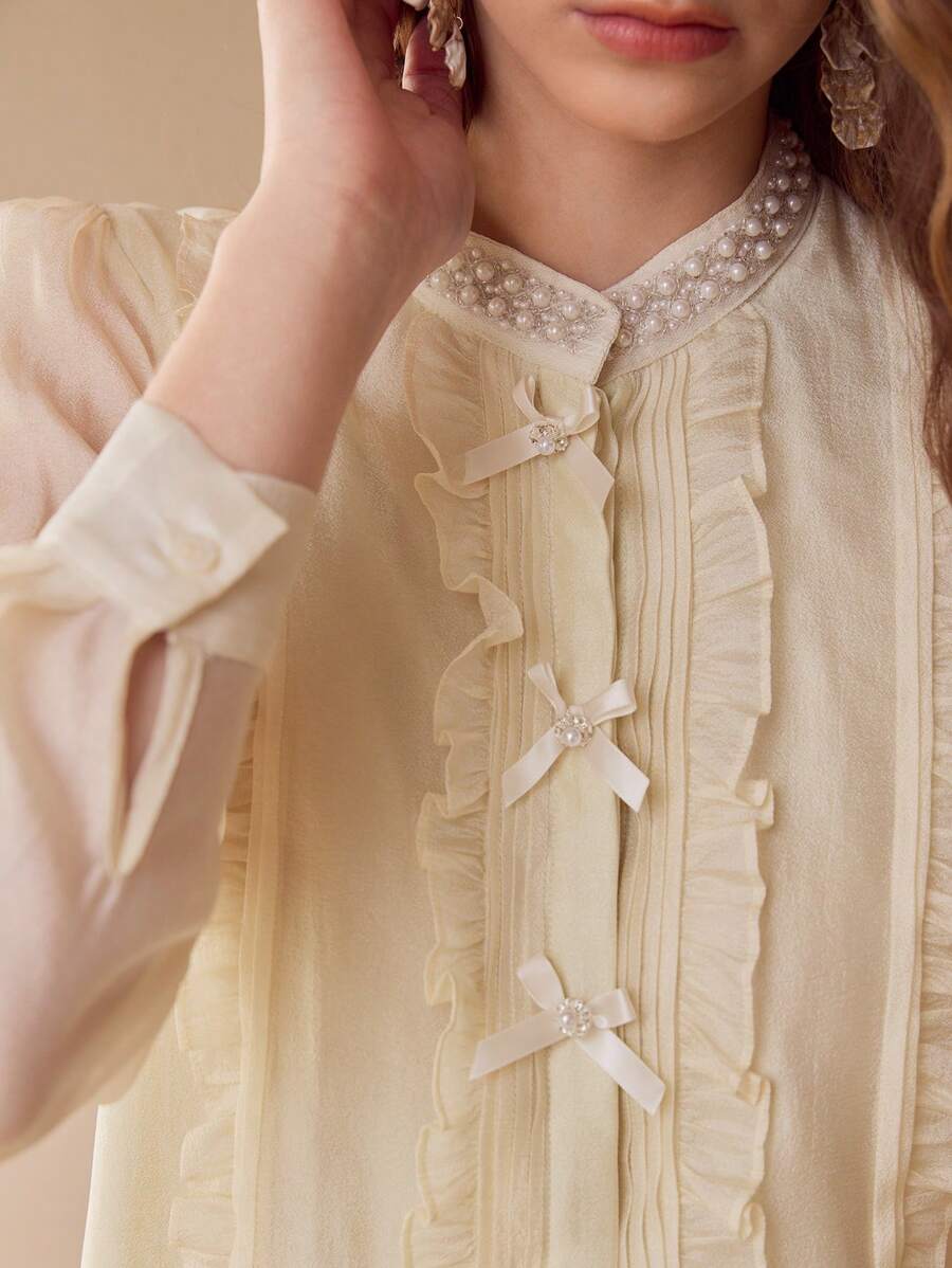 MOTF PREMIUM LIGHTWEIGHT RUFFLE TRIM BLOUSE - Apricot - View 2