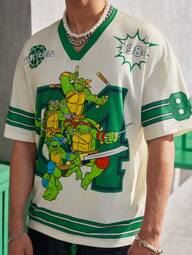 TEENAGE MUTANT NINJA TURTLES | SHEIN Men Casual Loose Knit Colorblock Sporty Graphic V-Neck Short Sleeve T-Shirt