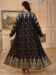 Al Najma Plus Size Women Arabic Foil Floral Print Long Sleeve Abaya Dress & Gown Set - Purple - View 8