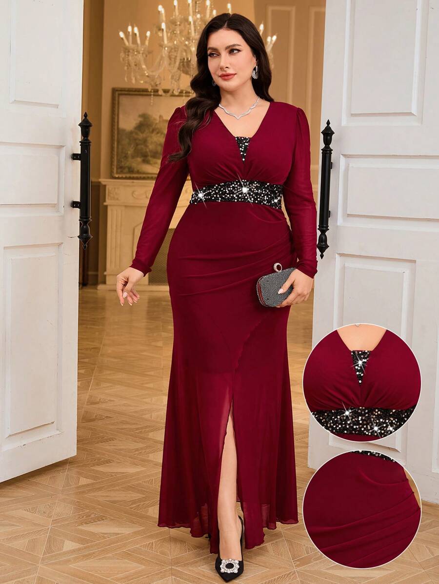 Modelyn Plus Size Casual Simple Fashion Formal Dress, Everyday Wear Fall - Burgundy - View 1