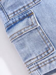 SHEIN 男婴夏季仿旧石洗宽松蓝色牛仔工装短裤，婴儿春夏装春假装 - 淺色水洗藍 - 查看 5