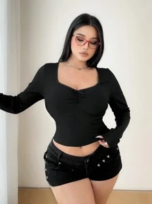 Vibekara Áo thun bó tay dài cổ tròn màu đen có đường khâu ren, thắt nơ, xếp ly ngực cỡ lớn - màu đen - Xem 4