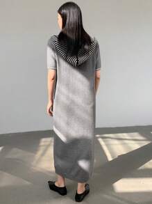 Dazy-Less 女士商务休闲宽松直筒条纹拼布针织毛衣连衣裙