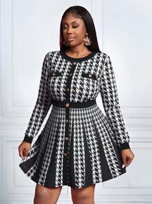 Slaydiva Elegant Fashion Plus Size Women Houndstooth Print Long Sleeve Ruffle A-Line Bodycon Dress,Graduation Dress
