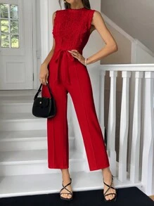 SHEIN Privé 女式无袖高腰蕾丝拼接长款连体裤 - 紅色 - 查看 1